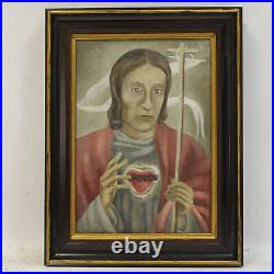 Environ 1940 Peinture ancienne à l'huile Le Coeur de Jésus 58x44 cm