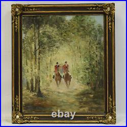 Environ 1950 Peinture ancienne à l'huile Balade à cheval en forêt 71x61 cm