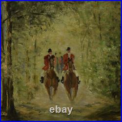 Environ 1950 Peinture ancienne à l'huile Balade à cheval en forêt 71x61 cm