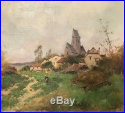 Eugène Galien Laloue Tableau Hst Grande Peinture Paysanne Village Barbizon 15p