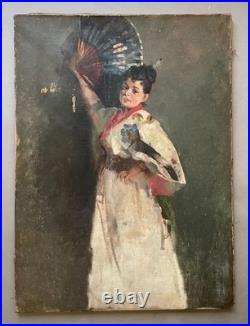 Femme à l'éventail, huile sur toile à restaurer, tableau ancien, peinture, XIXe Femme à l'éventail, huile sur toile à restaurer, tableau ancien, peinture, XIXe