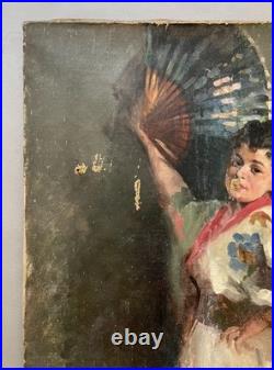 Femme à l'éventail, huile sur toile à restaurer, tableau ancien, peinture, XIXe