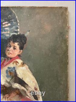 Femme à l'éventail, huile sur toile à restaurer, tableau ancien, peinture, XIXe