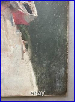Femme à l'éventail, huile sur toile à restaurer, tableau ancien, peinture, XIXe