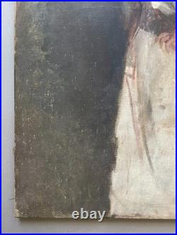Femme à l'éventail, huile sur toile à restaurer, tableau ancien, peinture, XIXe