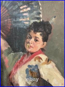 Femme à l'éventail, huile sur toile à restaurer, tableau ancien, peinture, XIXe