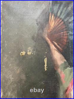 Femme à l'éventail, huile sur toile à restaurer, tableau ancien, peinture, XIXe