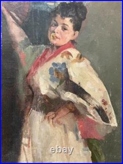 Femme à l'éventail, huile sur toile à restaurer, tableau ancien, peinture, XIXe