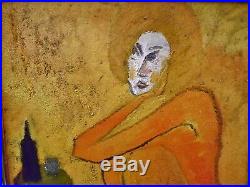 Femme assise, belle orangée. Huile / toile 50's. Non signé. Cadre 66 x 57 cm