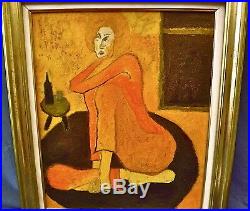 Femme assise, belle orangée. Huile / toile 50's. Non signé. Cadre 66 x 57 cm