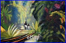 Forêt tropicale Africaine, pirogue. Huile / toile Tableau XXè signé 55 x 81 cm