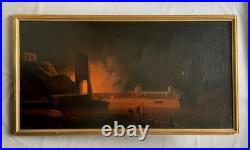 Forteresse incendiée, huile sur toile, tableau ancien, peinture, XVIIIe