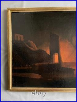 Forteresse incendiée, huile sur toile, tableau ancien, peinture, XVIIIe