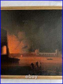 Forteresse incendiée, huile sur toile, tableau ancien, peinture, XVIIIe