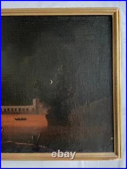 Forteresse incendiée, huile sur toile, tableau ancien, peinture, XVIIIe