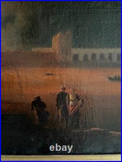 Forteresse incendiée, huile sur toile, tableau ancien, peinture, XVIIIe