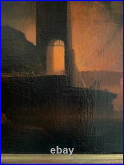 Forteresse incendiée, huile sur toile, tableau ancien, peinture, XVIIIe