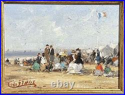 Francis CRISTAUX, Plage Animée, Huile Sur Toile