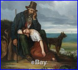 G. Bequet 1839. Très Grande Peinture Romantique. Couple De Bergers Face A La Mer