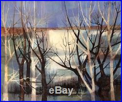 G. MICHAUD 1948- Paysage hiver arbres étang geléñ 1978 Huile sur toile 60x73