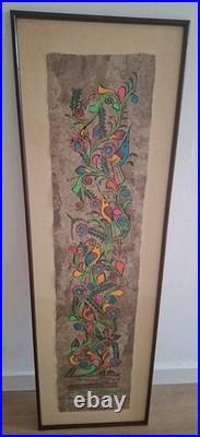 Grand Tableau Peinture sur Papier Amate Mexique Oiseaux & Fleurs 100x30 cm