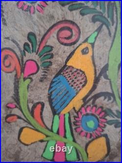 Grand Tableau Peinture sur Papier Amate Mexique Oiseaux & Fleurs 100x30 cm
