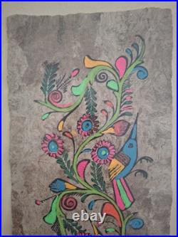 Grand Tableau Peinture sur Papier Amate Mexique Oiseaux & Fleurs 100x30 cm