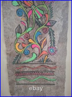 Grand Tableau Peinture sur Papier Amate Mexique Oiseaux & Fleurs 100x30 cm