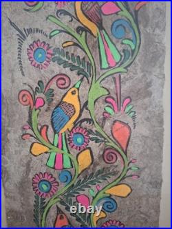 Grand Tableau Peinture sur Papier Amate Mexique Oiseaux & Fleurs 100x30 cm