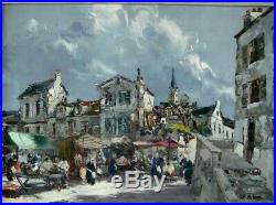 Grand tableau 1950 P Wilnay marché dans un village de Bretagne école bretonne