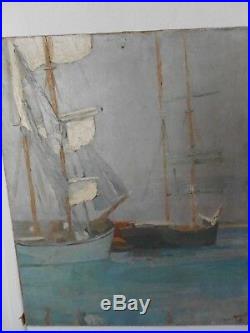 Grand tableau Marine HST goélettes au port signé Henri A. Lt 1926 peinture