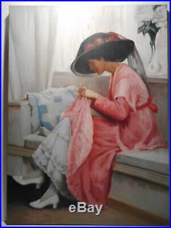 Grand tableau XX siècle peinture jeune femme élégante au chapeau gout 19 siècle