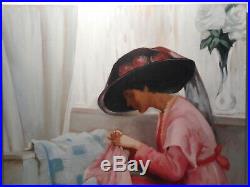 Grand tableau XX siècle peinture jeune femme élégante au chapeau gout 19 siècle