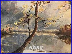 Grand tableau huile sur toile signée Hannedouche au paysage d'automne