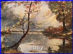 Grand tableau huile sur toile signée Hannedouche au paysage d'automne