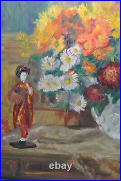 Grand tableau peinture nature morte poupée chinoise bouquet fleur vase fleuri