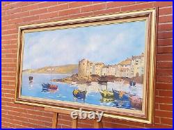 Grand tableau signée PICARD Paysage Marin barques. Peinture huile sur toile