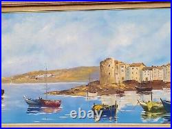 Grand tableau signée PICARD Paysage Marin barques. Peinture huile sur toile