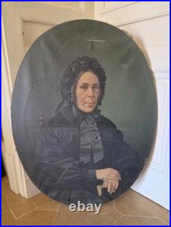 Grande Huile Sur Toile XIXe Portrait De Femme Ancien À Restaurer Peinture Signée