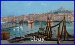 Grande & Lumineuse Toile 1930. Marseille Vieux Port, Vaste Vue Animée D'un Quai