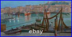 Grande & Lumineuse Toile 1930. Marseille Vieux Port, Vaste Vue Animée D'un Quai