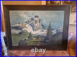 Grande Peinture, Huile Sur Toile Paysage De Montagne Signée