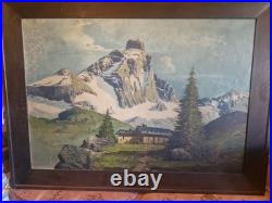 Grande Peinture, Huile Sur Toile Paysage De Montagne Signée