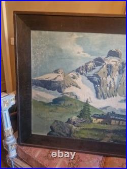Grande Peinture, Huile Sur Toile Paysage De Montagne Signée
