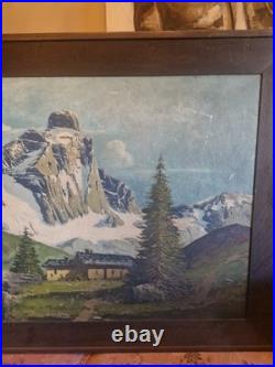 Grande Peinture, Huile Sur Toile Paysage De Montagne Signée