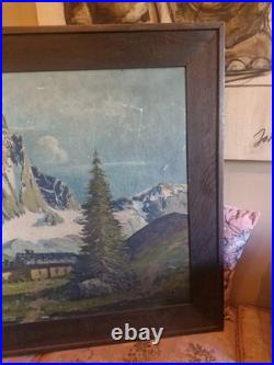 Grande Peinture, Huile Sur Toile Paysage De Montagne Signée