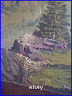 Grande Peinture, Huile Sur Toile Paysage De Montagne Signée