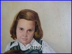 Grande & Ravissante Peinture Signée Des Années 50-portrait De Deux Jeunes Filles