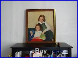 Grande & Ravissante Peinture Signée Des Années 50-portrait De Deux Jeunes Filles