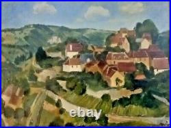 Grande huile sur toile signée paysage et village oil painting 20ème signed